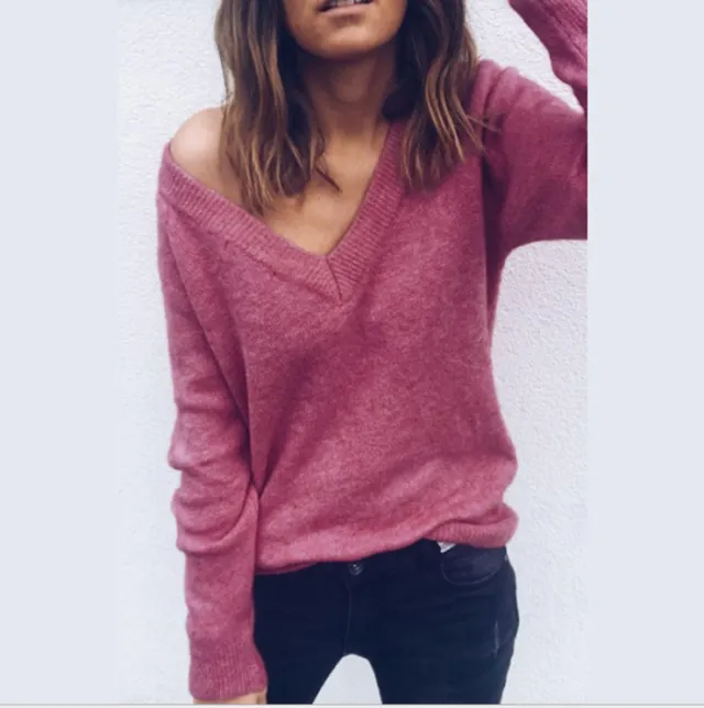 Sweater Large V neck Long Sleeve T shirt Top Women's Clothing Wine Red - Shop at LoveMi