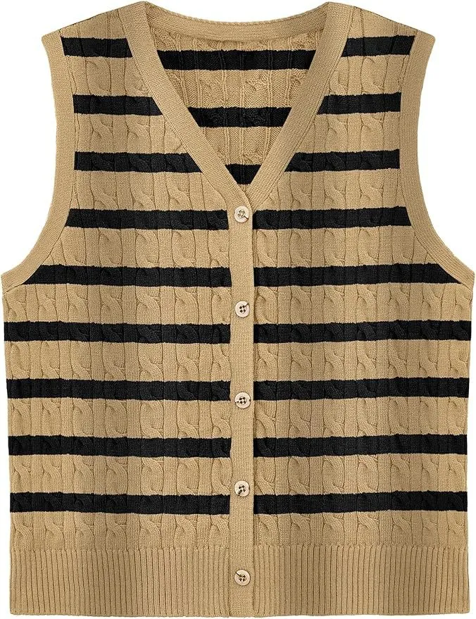 European And American Women's Fashion Sweater Vest Twisted Knitted Short - Khaki Black