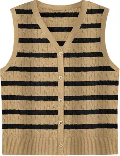 European And American Women's Fashion Sweater Vest Twisted Knitted Short - Khaki Black - View 1