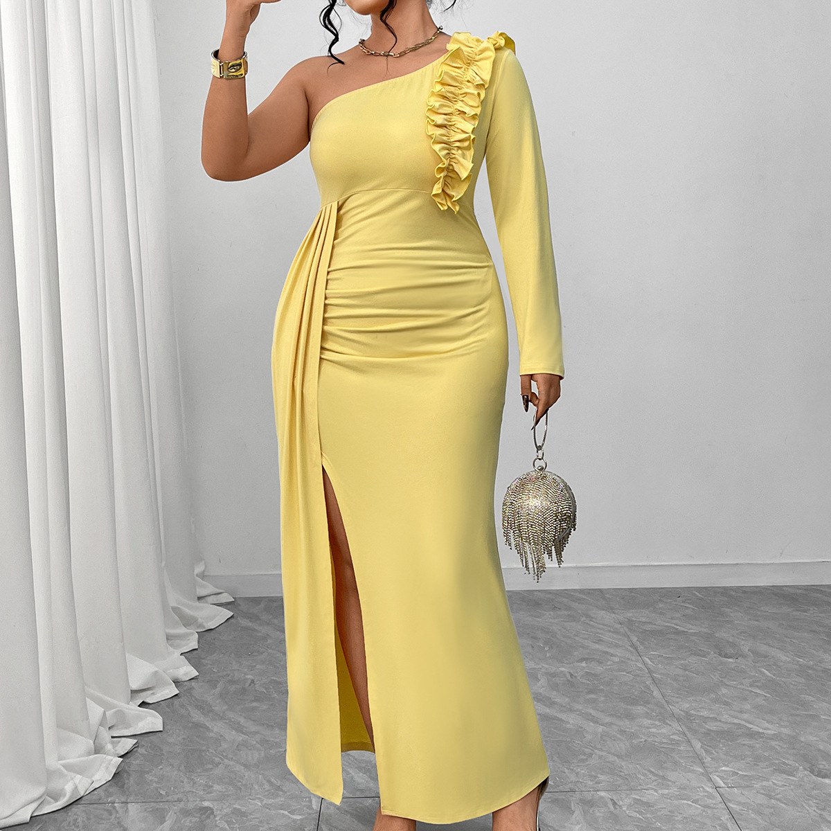 Womens Solid-color Fashionable Yellow One-shoulder Dress With Ruffled Hem And High Slit