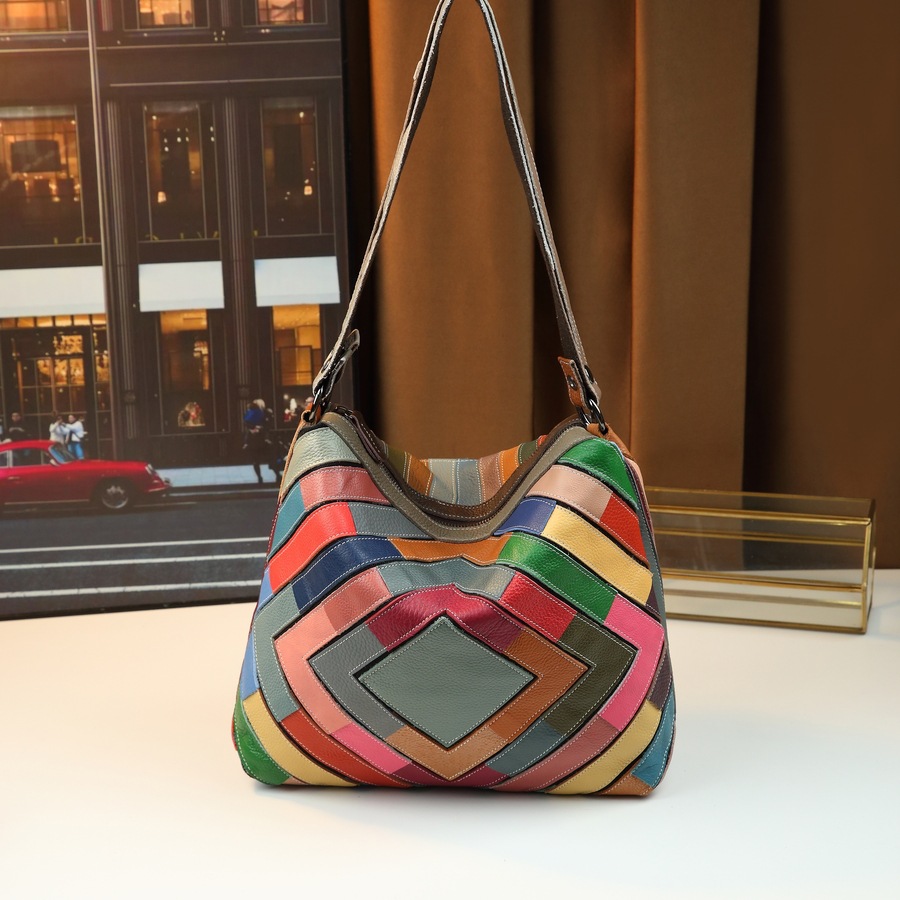 Geometric Grid Leather Patchwork Colorful Shoulder Bag