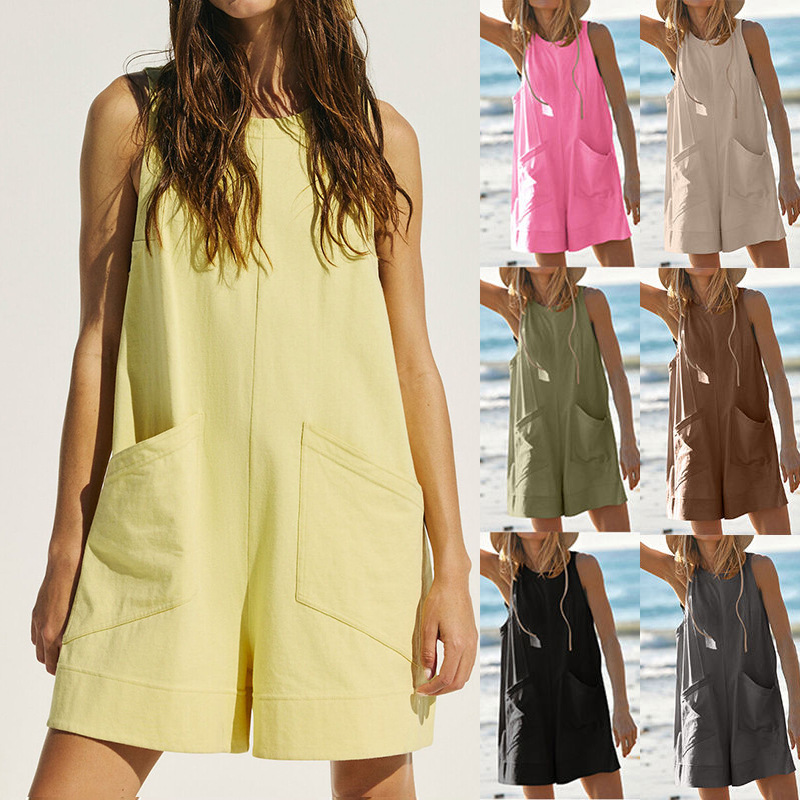 Women Sleeveless Vest Large Pocket Casual Jumpsuit