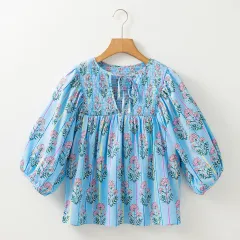 New Casual Womens Floral Chiffon Blouse With Puff Sleeves - Blue - View 1