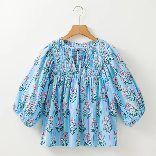 New Casual Womens Floral Chiffon Blouse With Puff Sleeves Blue - Shop at LoveMi