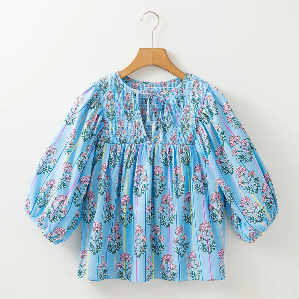 New Casual Womens Floral Chiffon Blouse With Puff Sleeves - Blue