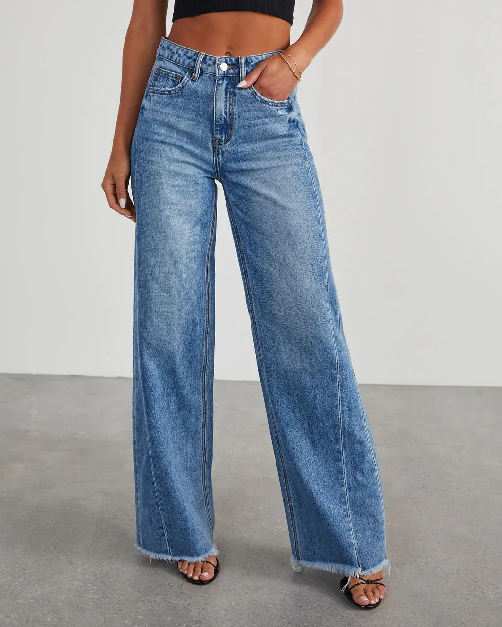 Women's Loose Wide-leg Side Seam Stitching Frayed Hem Jeans - Denim Blue