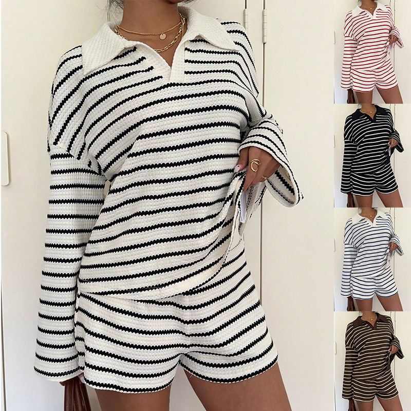 Womens Two-Piece Set Notch-Collar Blouse With Long Sleeves And Shorts