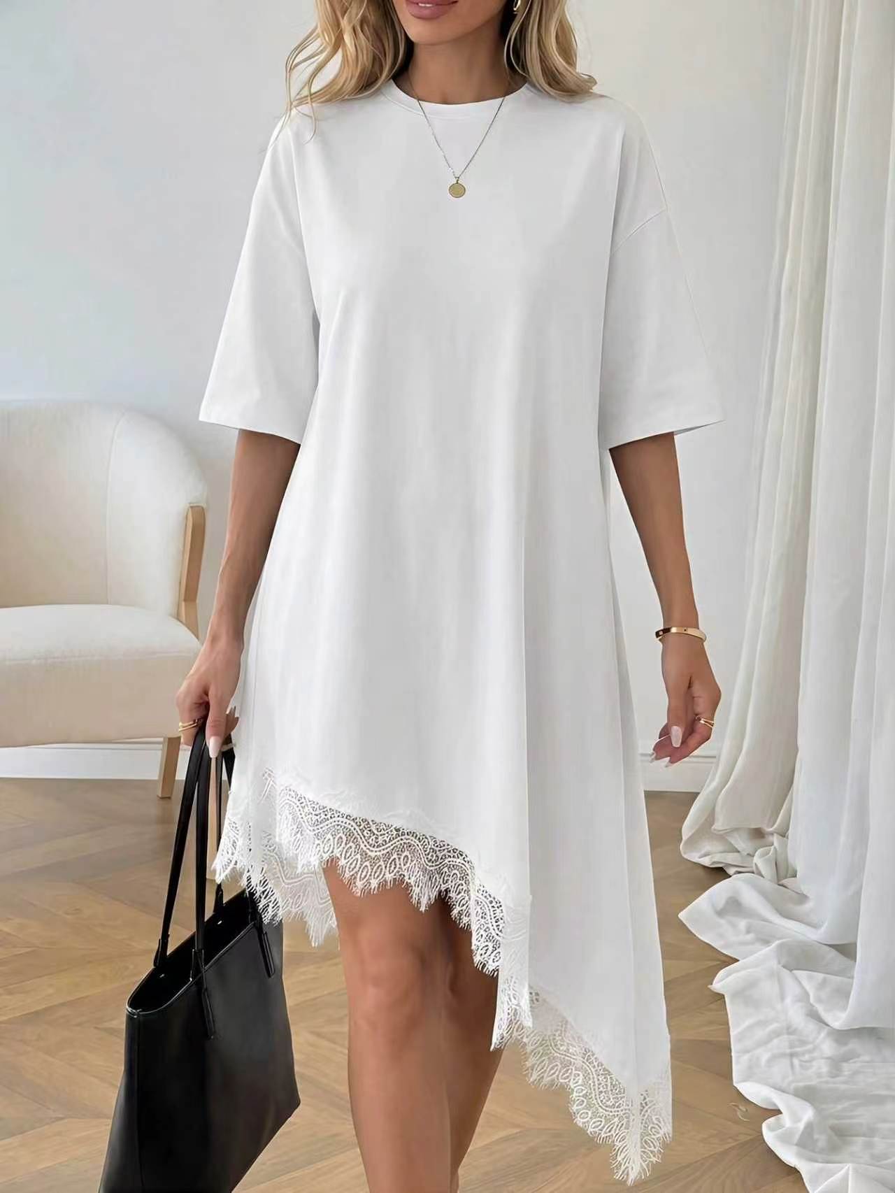 Women's Lace Trim Dress – White colorway side view showing lace detail