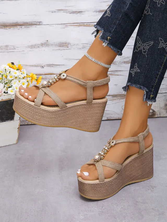 Handmade Beaded Middle Heel Wedge Flat Open Toe Breathable Shoes Khaki - Shop at LoveMi