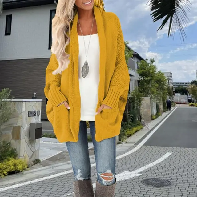 Batwing Sleeve Women's Knitting Cardigan Sweater Loose fitting Coat Top Yellow - Shop at LoveMi