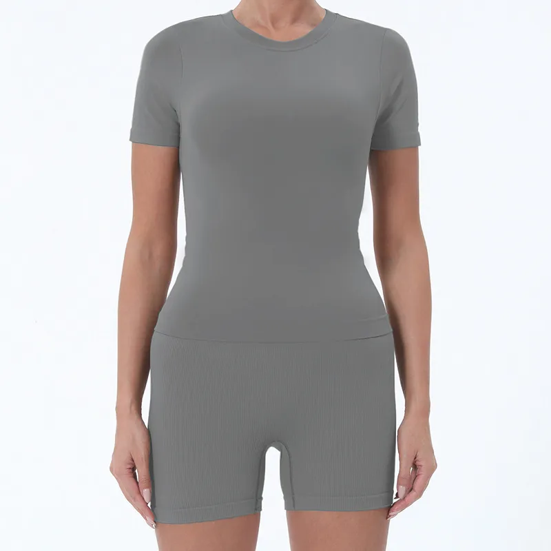 Summer Women's Yoga Clothes Suit Slim T-shirt Butt-lift Underwear - Gray