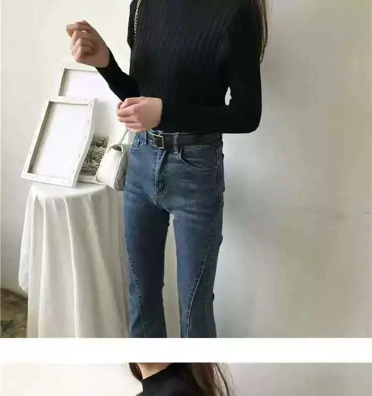 Sunken Stripe Half Turtleneck Bottoming Shirt Ladies - Black