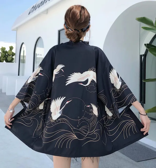 Men's style Japanese Five point Cardigan Nightgown Gold Crane Robe Black - Shop at LoveMi