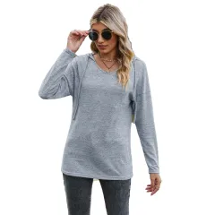 Solid Colour And V-neck Hooded Long-sleeved Casual Bottoming T-shirt - Light Blue - View 1