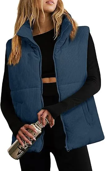 Women's Fashion Leisure Corduroy Plaid Zipper Cotton Vest Navy Blue - Shop at LoveMi