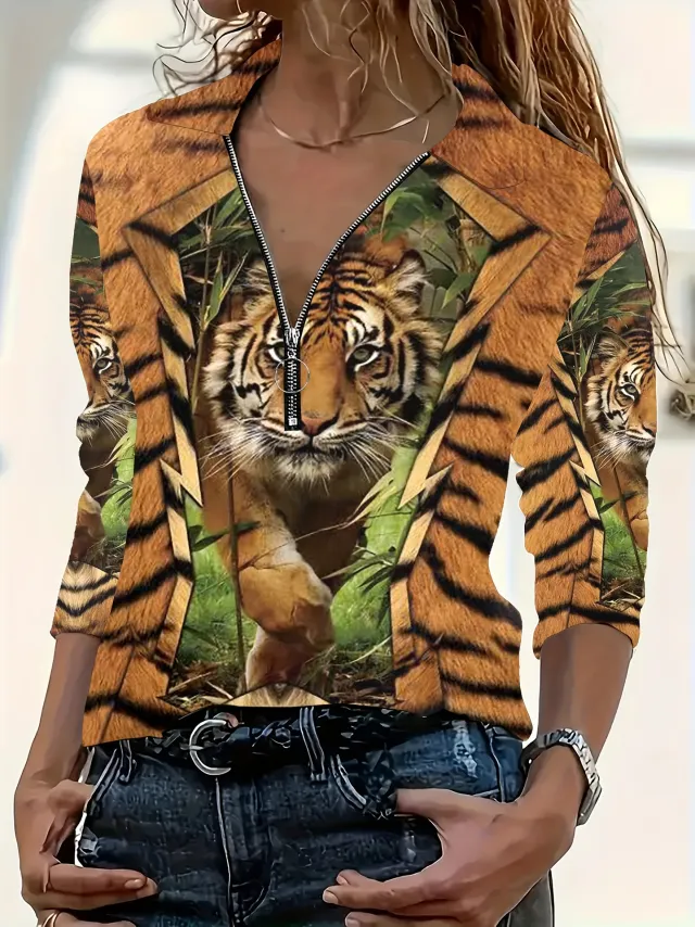 Autumn And Winter New Women's Lapel Zipper Long Sleeve Printed T shirt Tiger Print - Shop at LoveMi