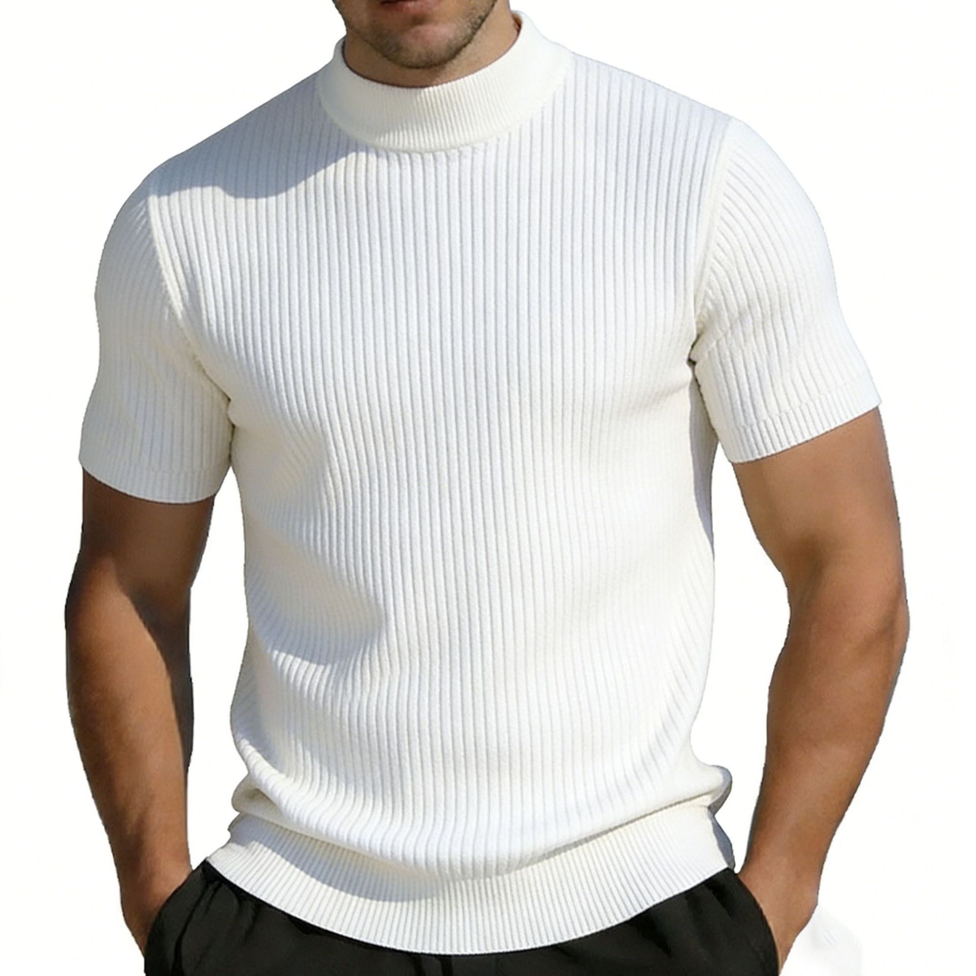 Short-sleeved Knitted T-shirt For Men Mock Neck Solid Color