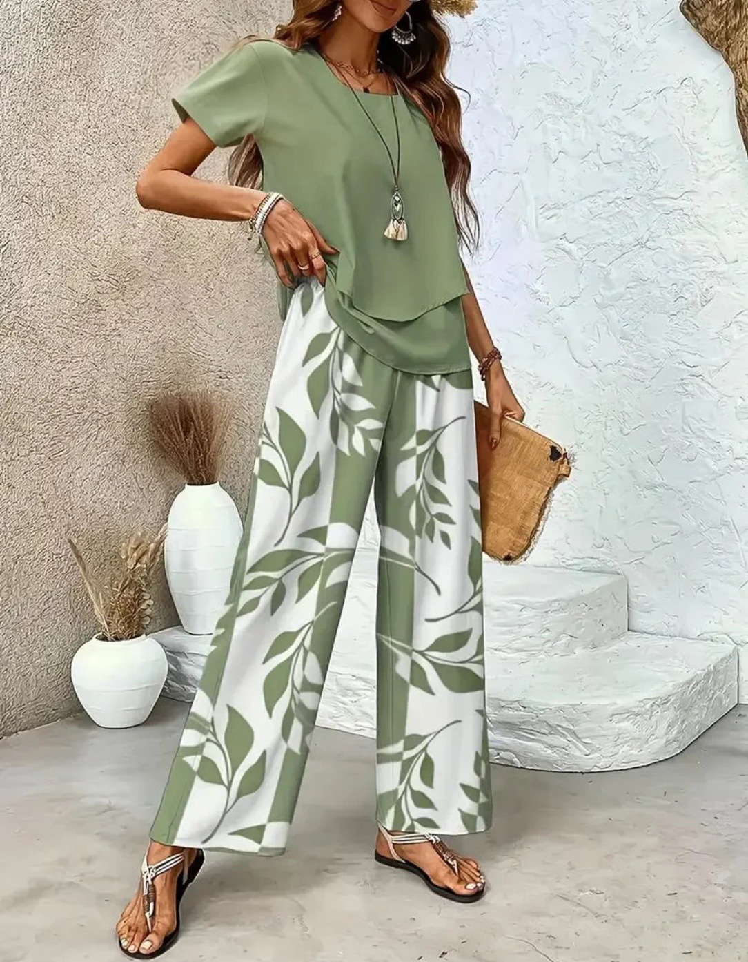 Fashionable Casual Short-sleeve Top And Wide-leg Pants Set
