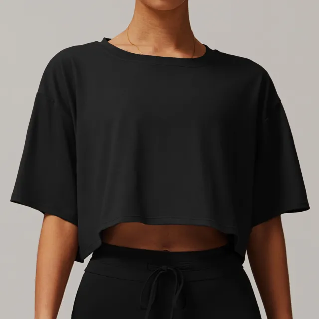 Brushed Sports Short sleeved Top Comfortable Round Neck Advanced Black - Shop at LoveMi