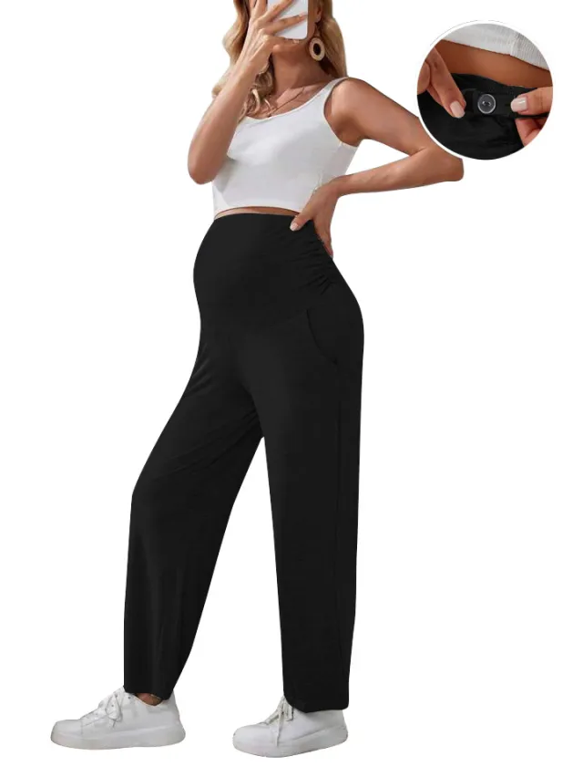 New Female Pregnant Women Straight leg Pants Loose Clinch Adjustable Plus Size Black - Shop at LoveMi