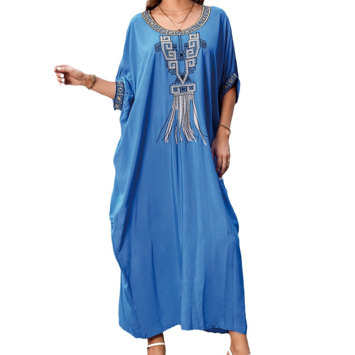Women’s Light Blue Rayon Embroidered Loose Robe