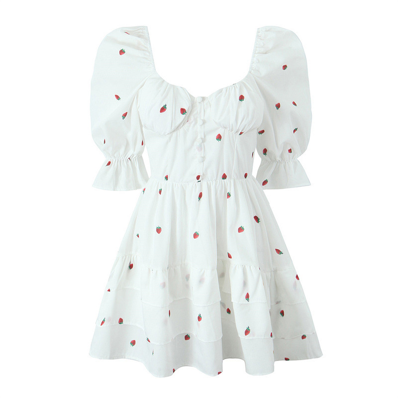 Women's Fashion Strawberry Print Puff Sleeve Dress