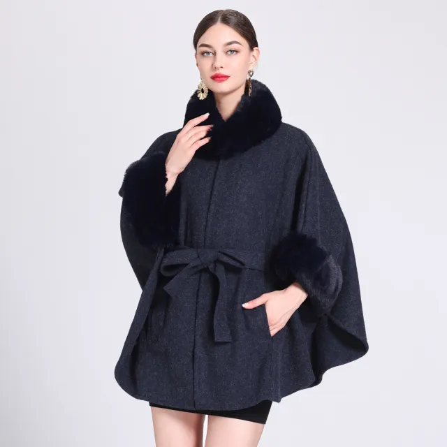 Rabbit Fur Collar Knitted Shawl Cape Lace up Woolen Coat Blue - Shop at LoveMi