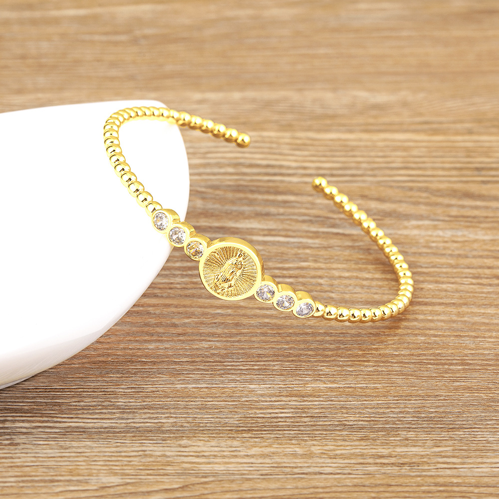 Copper-plated 18k Gold Zircon Bracelet Round-plate Design Adjustable Open-end