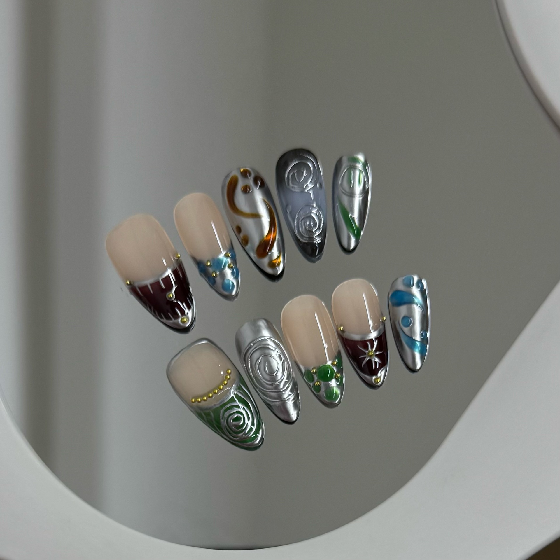 Handmade Wearable Nails Dark Mysterious Blue-green Pattern Punk Style