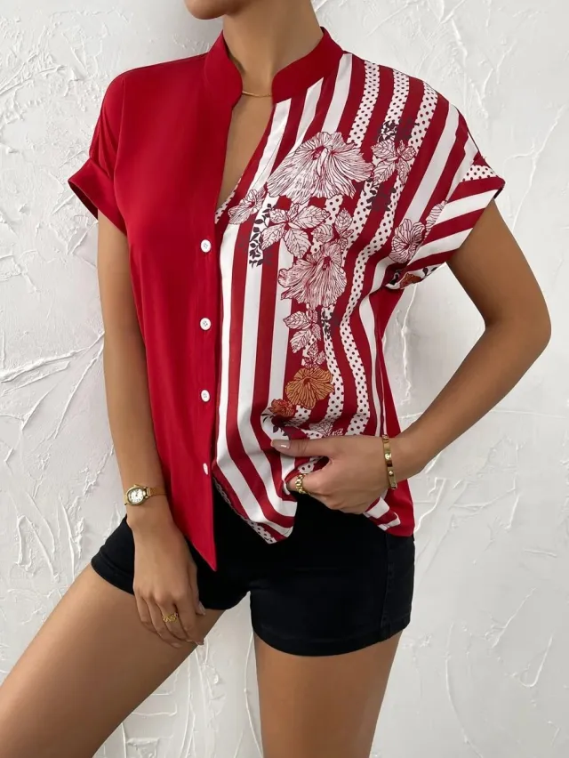 Double Contrast Color Floral Button Cardigan Short Sleeve Shirt Red - Shop at LoveMi