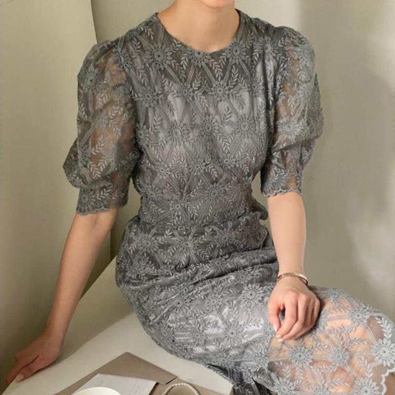 Summer French Round Neck Refined Handmade Lace Crochet Embroidery High Waist Over Knee Dress Long Dress For Women