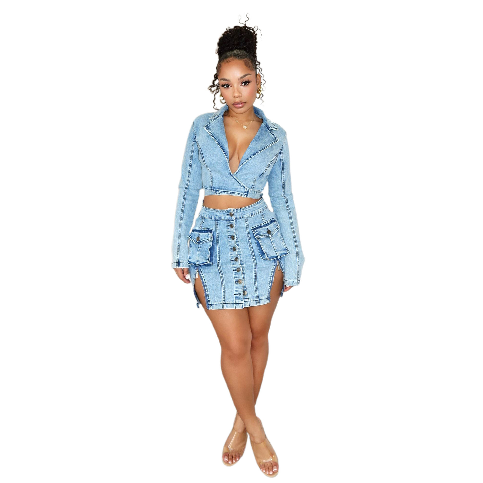 Fashion Personality Slim Fit Denim Skirt Suit Sky Blue - Shop at LoveMi