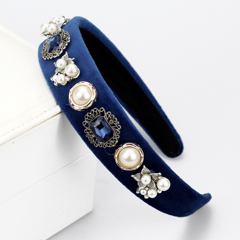 Navy Blue Rhinestone Handmade Vintage Headband With Baroque Flower And Pearls