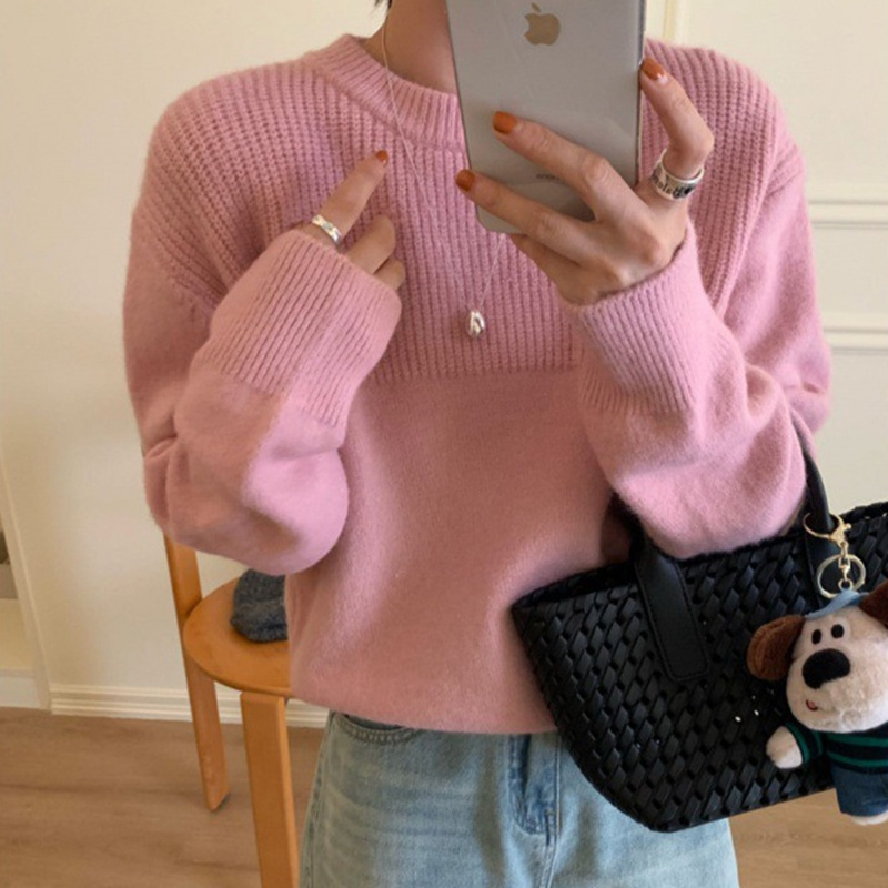 Pullover Women's Round Neck Loose Knitted Top Pink - Shop at LoveMi