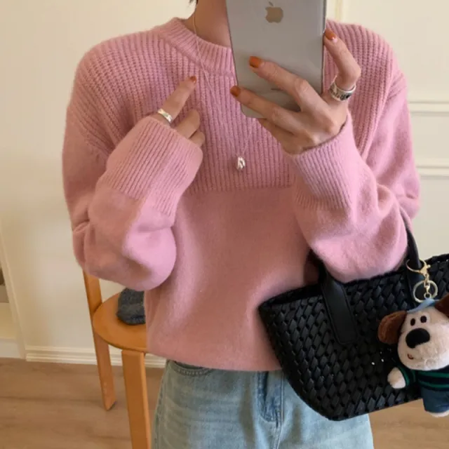 Pullover Women's Round Neck Loose Knitted Top Pink - Shop at LoveMi