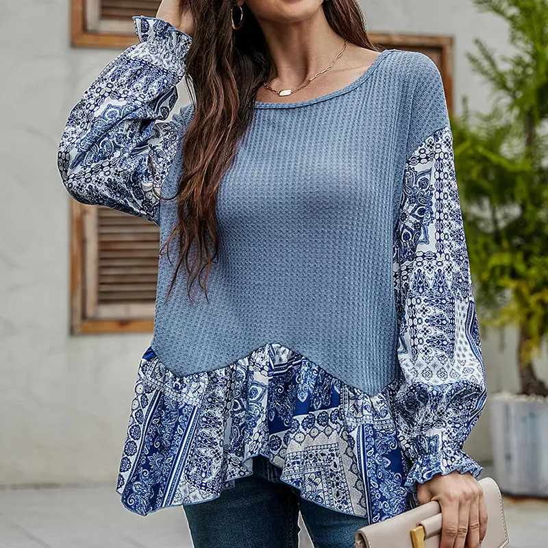 New Blue Color Mid-length Round Neck Loose Long Sleeves T-shirt For Women