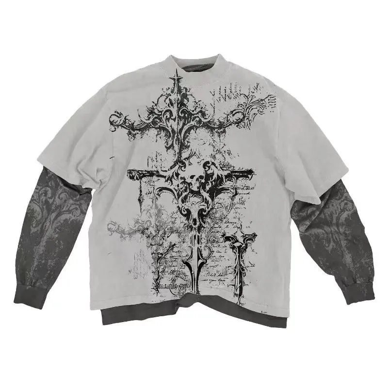 Trendy Graffiti Print T-shirt Fake Two-piece Top - Light Gray