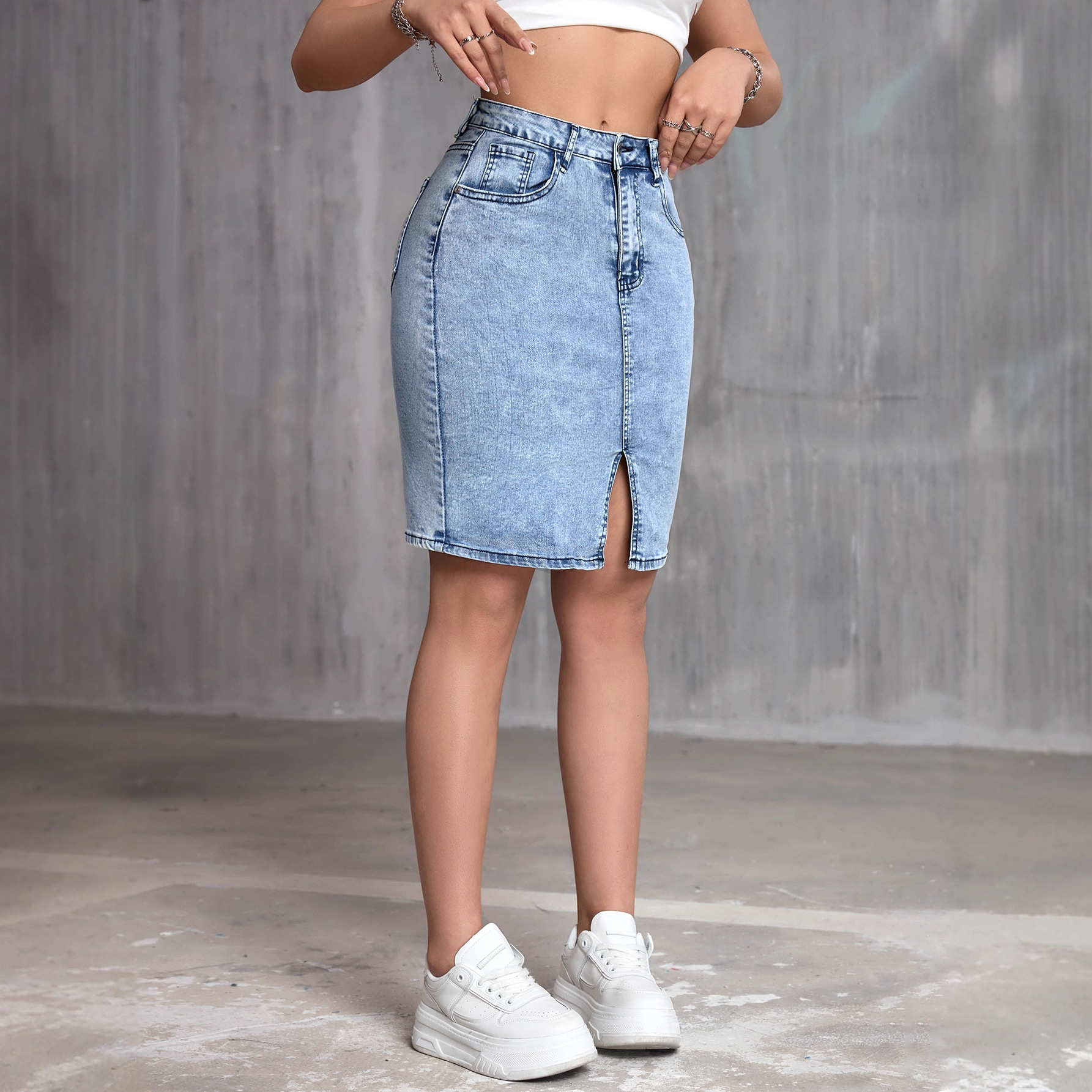 Womens Stretchy Slit Denim Skirt