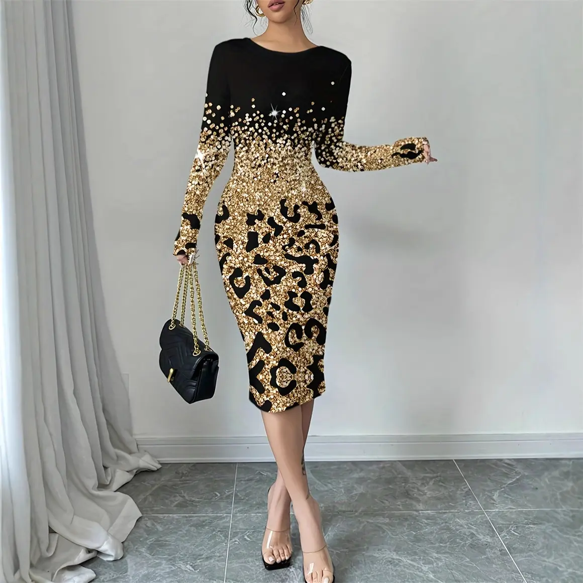 Ombre-print Crew-neck Long-sleeve Midi Dress