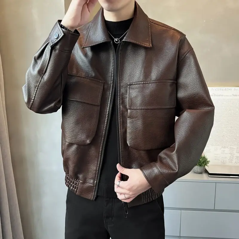 Mens American-style PU Leather Jacket With A Two-way Zipper