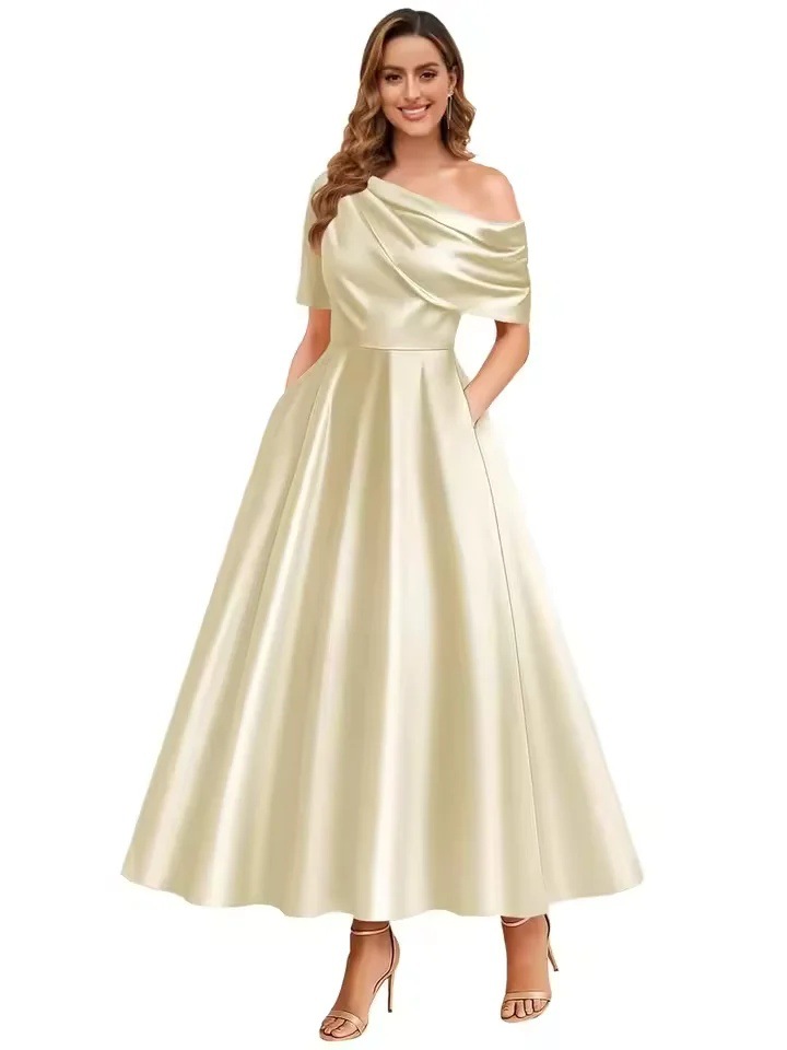 New Elegant And Sophisticated Satin Off-Shoulder Solid Color Dress 11
