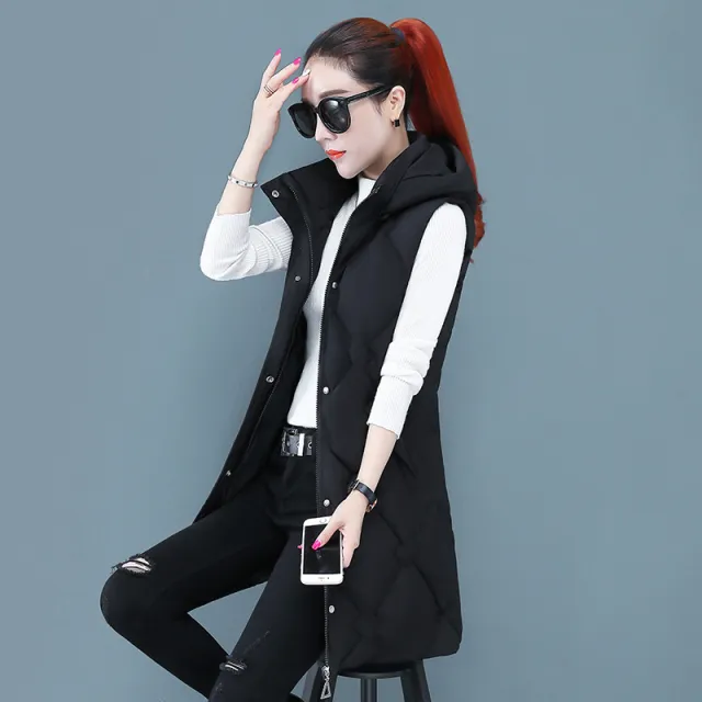 Autumn And Winter New Down Cotton Vest Women's Mid length Slim fit Cotton padded Jacket Vest Coat Black - Shop at LoveMi