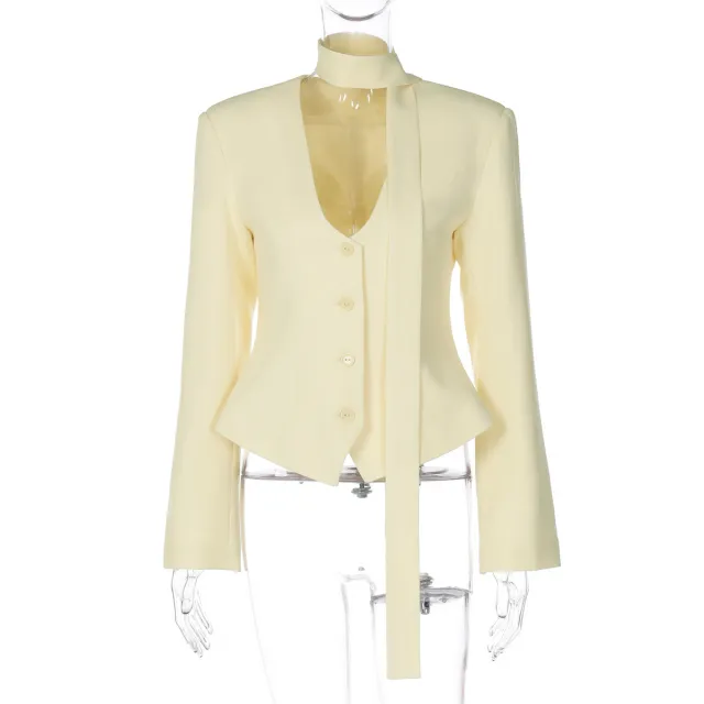 Elegant Cardigan Button Small Suit Slim Solid Color Coat Yellow - Shop at LoveMi
