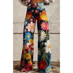 Fashion Women's Printed High Waist Loose Thin Imitation Denim Wide Leg Pants - Style6-5Xl - View 1