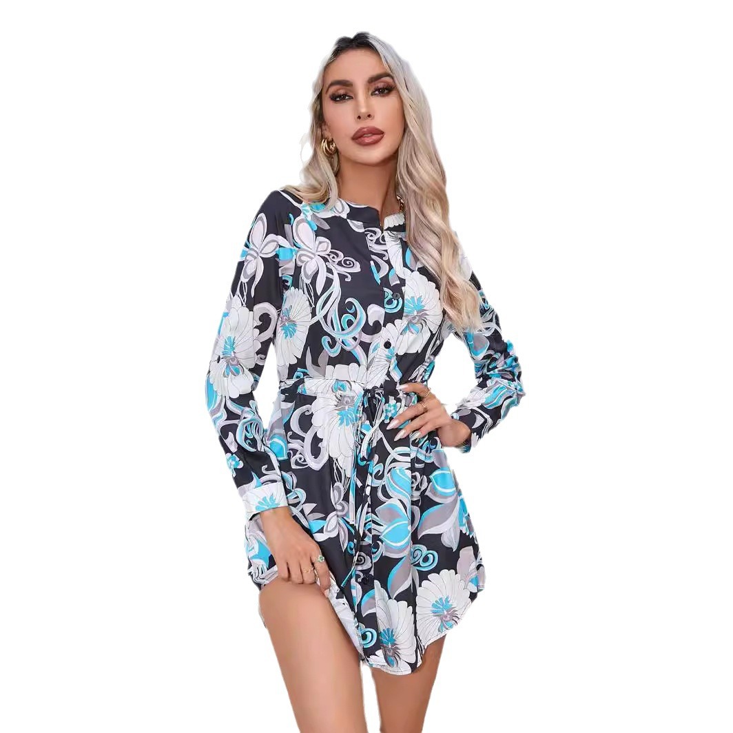 Women's European And American Autumn And Winter Printing Button Long Sleeve Dress