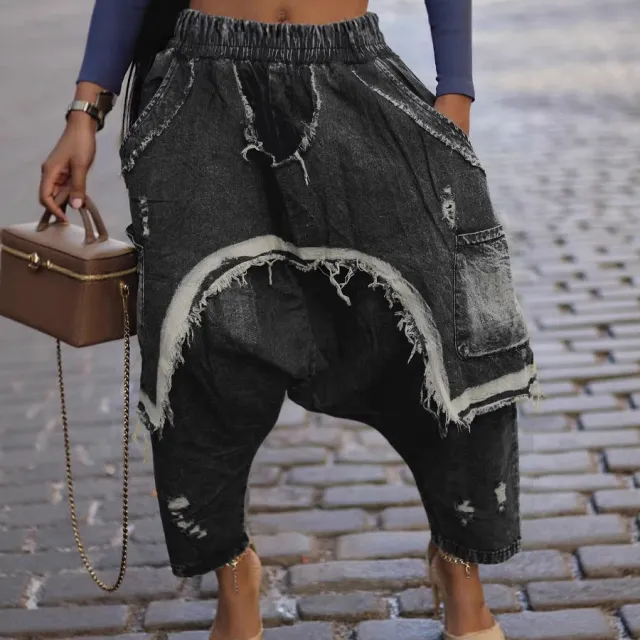 Distressed Brushed Ripped Jeans Fashion Loose Harem Pants Black - Shop at LoveMi