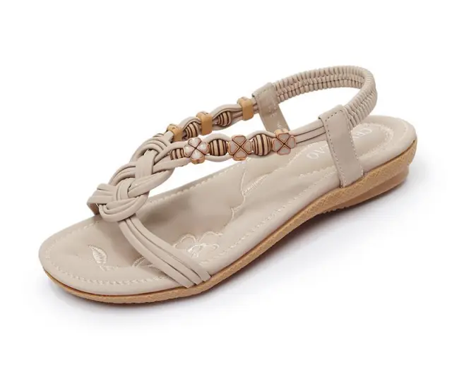Women's Fashionable Ethnic Simple Beaded Flat Roman Women's Shoes Beige - Shop at LoveMi