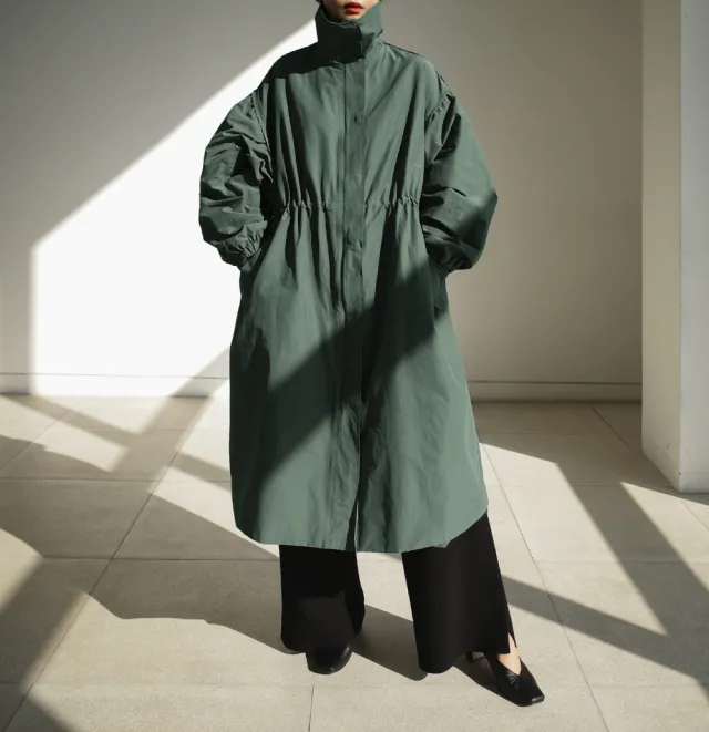 Autumn New Long Windbreaker Korean Style Stand Collar Drawstring Waist controlled Long Sleeves Loose Trench Coat Green - Shop at LoveMi