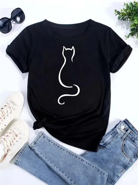 Womens Heart Shaped Cat Crew Neck Printed Short Sleeve Top Bt11138Hs Xs - Shop at LoveMi