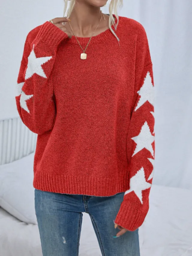 Women's Knitted Sweater Fashion Solid Color Five pointed Star Jacquard Crew Neck Pullover Sweater Red - Shop at LoveMi
